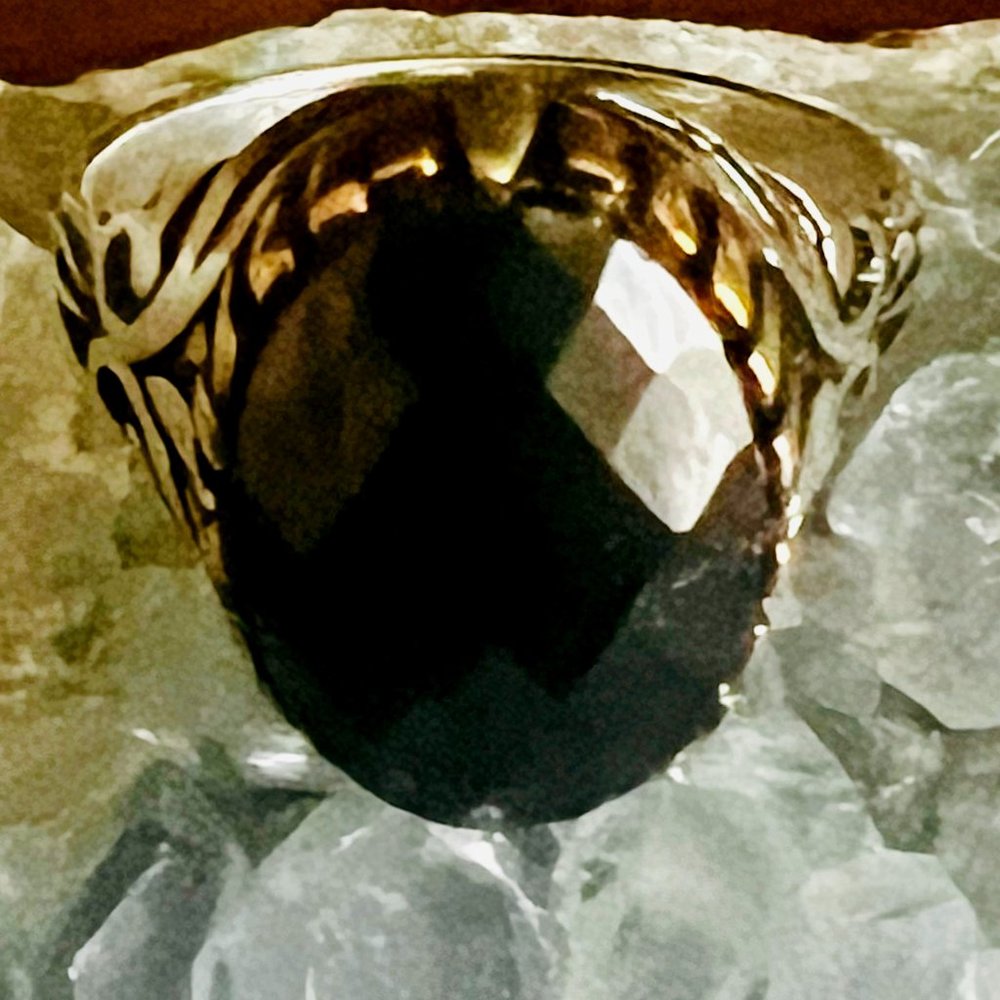 Sterling Silver Bronze Ring with Oval Black Zircon Gemstone